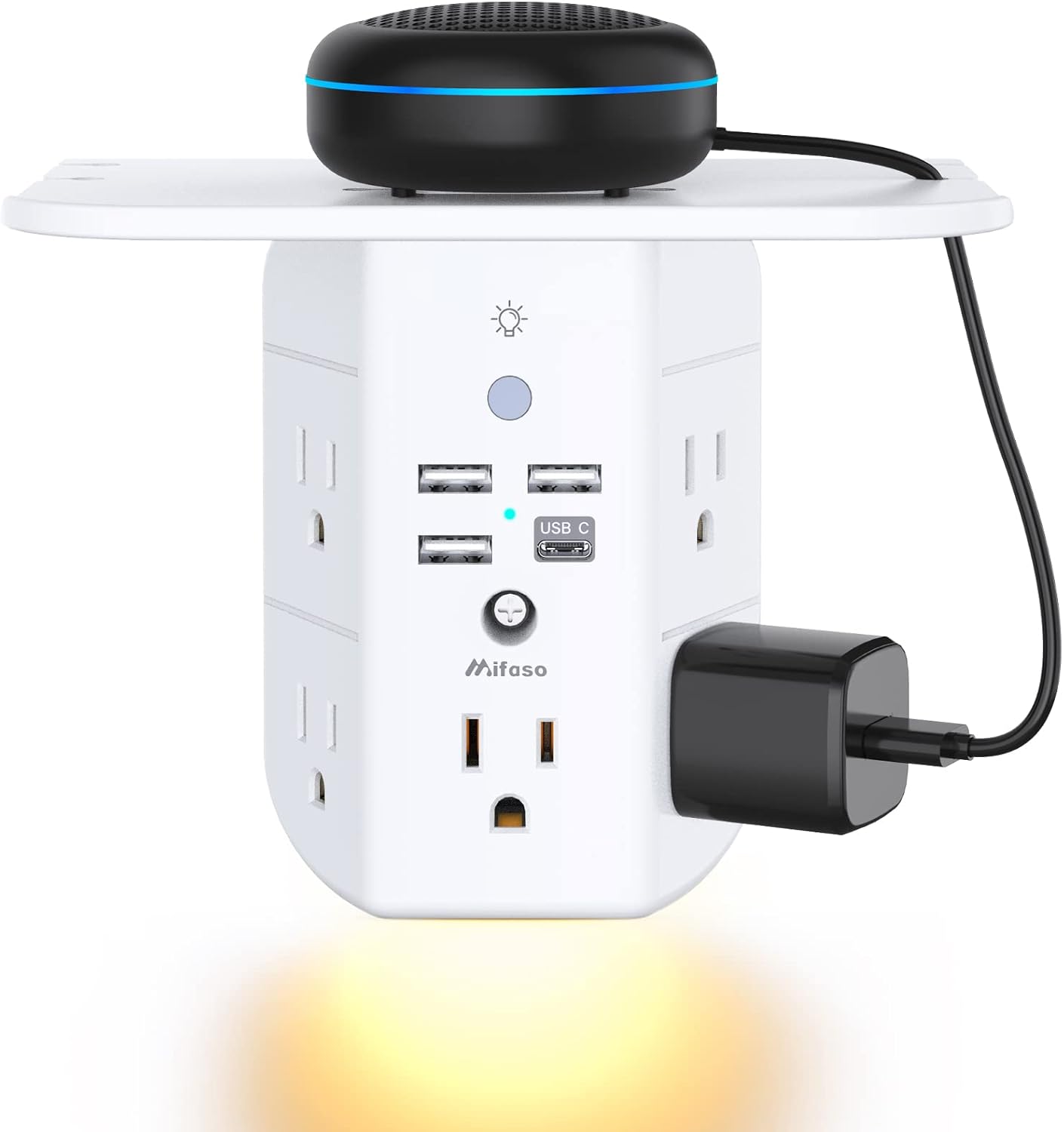 Mifaso 3-Sided Multi Plug Power Strip, Wall Extender with Shelf, Night Light & Surge Protector, USB Wall Charger with 5 AC Wide Space Outlets and 3 USB & 1 C Port, White 511rhxivy1l. ac sl1500 .jpg