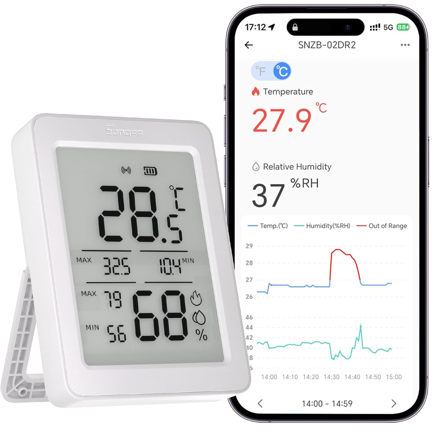 SONOFF AirGuard TH, Indoor Smart Zigbee Temperature and Humidity Sensor, 3.6” LCD Display, App Monitoring with Charts, Notification Alerts, Data Export, Remote Data Display