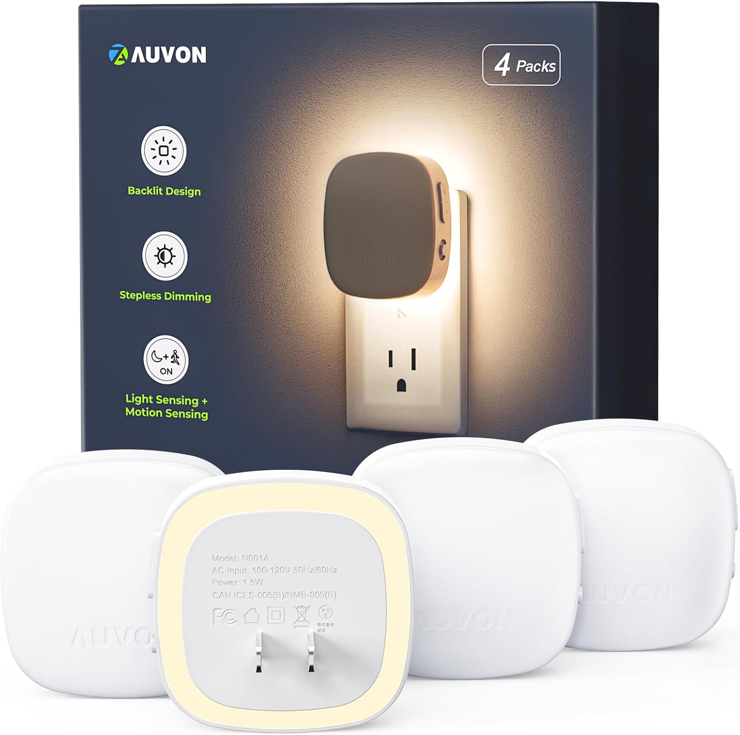 AUVON Plug-in LED Backlit Night Light with Motion Sensor & Dusk to Dawn Sensor, Dimmable Warm White Nightlight with 1-50 lm Adjustable Brightness for Bedroom, Bathroom, Stairs, Hallway (4 Pack) 61pyzefms l. ac sl1500 .jpg