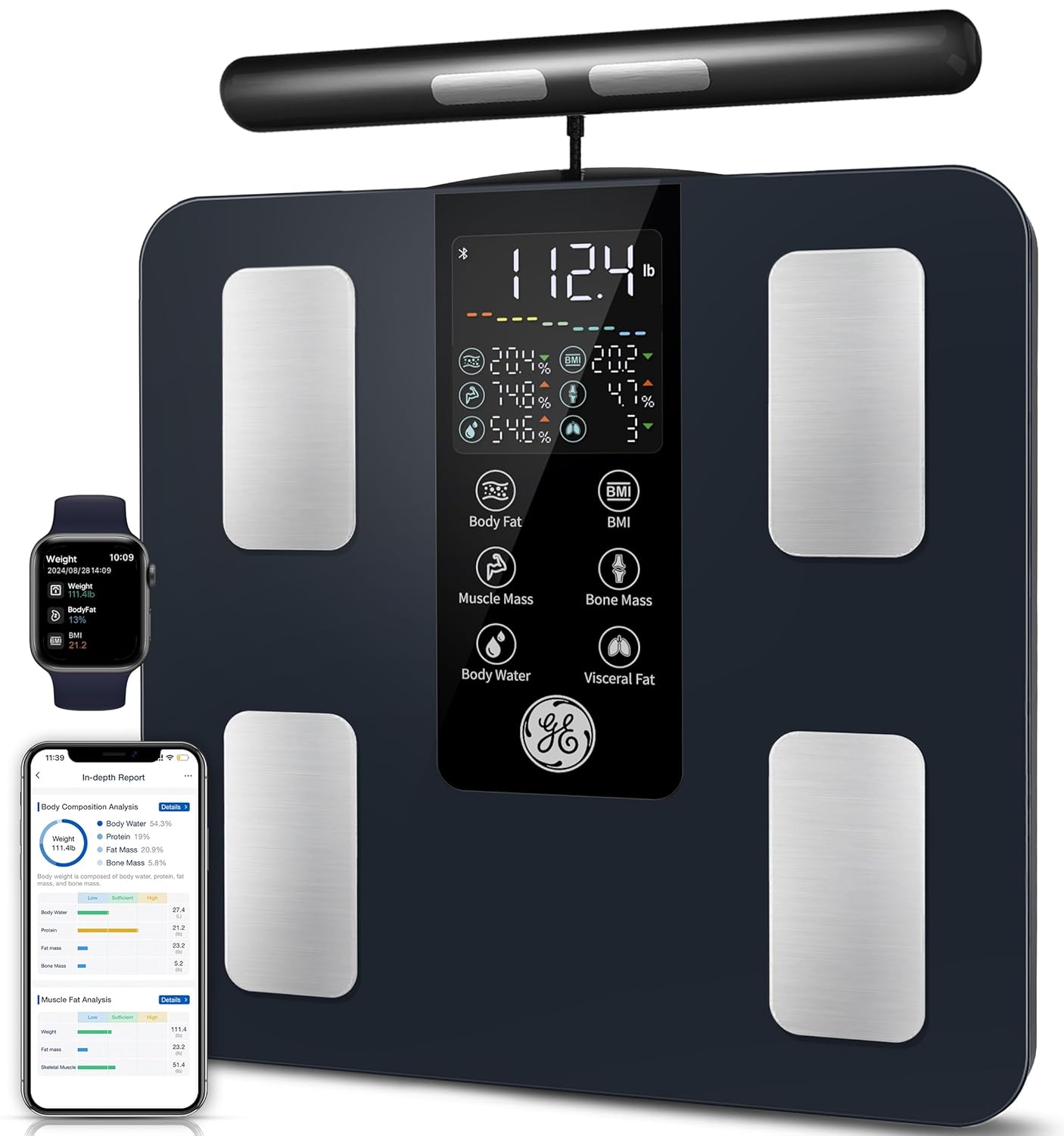 GE Smart Scale for Body Weight: 8-Electrode Digital Bathroom Scale for Weight Fat BMI Muscle Mass Full Body Composition Analyzer 27 Measurements Bluetooth Highly Accurate Weighing Machine 400lb Black 71w5enfapkl. sl1500 .jpg