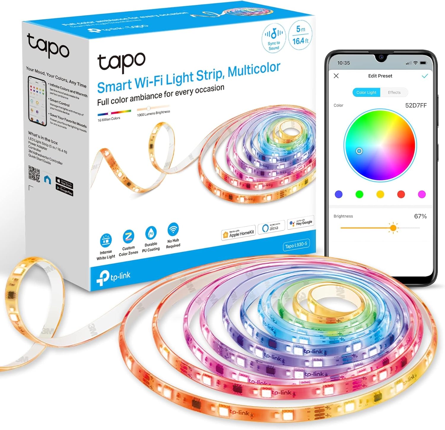 Tapo TP-Link RGBWIC Smart LED Light Strip 16.4Ft, 1000 Lumens, 16M Dimmable Colors, 50 Color Zones, Works w/Apple HomeKit/Alexa/Google Home, Sync-to-Sound, IP44 PU Coating, Trimmable L930-5 813luyat1l. ac sl1500 .jpg