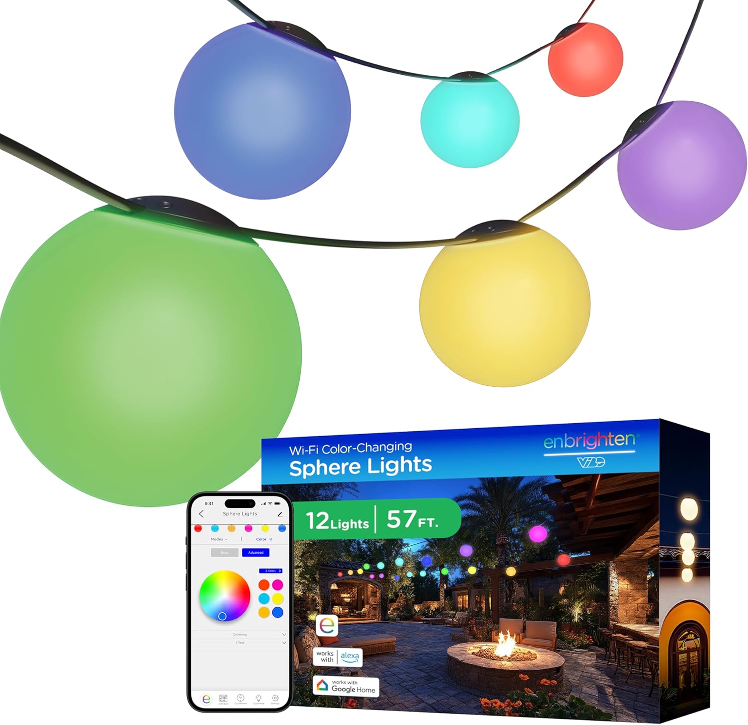 Enbrighten Vibe Sphere Outdoor String Lights, 57ft, 12 RGBWIC Bulbs, 6in Extra Large Spheres, Waterproof, Patio, Backyard, Gameday, Holiday, Smart App, Compatible with Alexa, Google Home, 85976