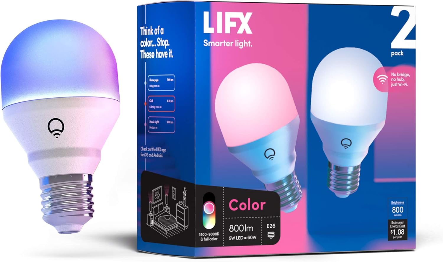 LIFX Color, A19 800 lumens, Wi-Fi Smart LED Light Bulb, Billions of Colors and Whites, No Bridge Required, Compatible with Alexa, Hey Google, HomeKit and Siri (2 Pack) 711wgqaccxl. ac sl1500 .jpg