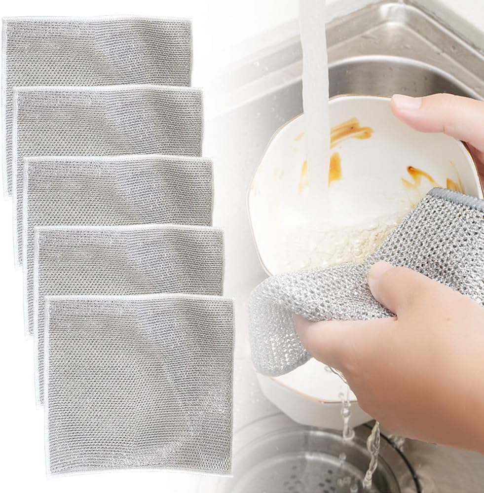 Multipurpose Wire Dishwashing Rags for Wet and Dry, New Double Layer Wire Cleaning Cloths Non Scratch Wire Dishcloth Rag, Reusable Scrubbing Pads for Washing Dishes Kitchen Supplies (5PCS) 71dgpdpl6el. ac sl1000 .jpg