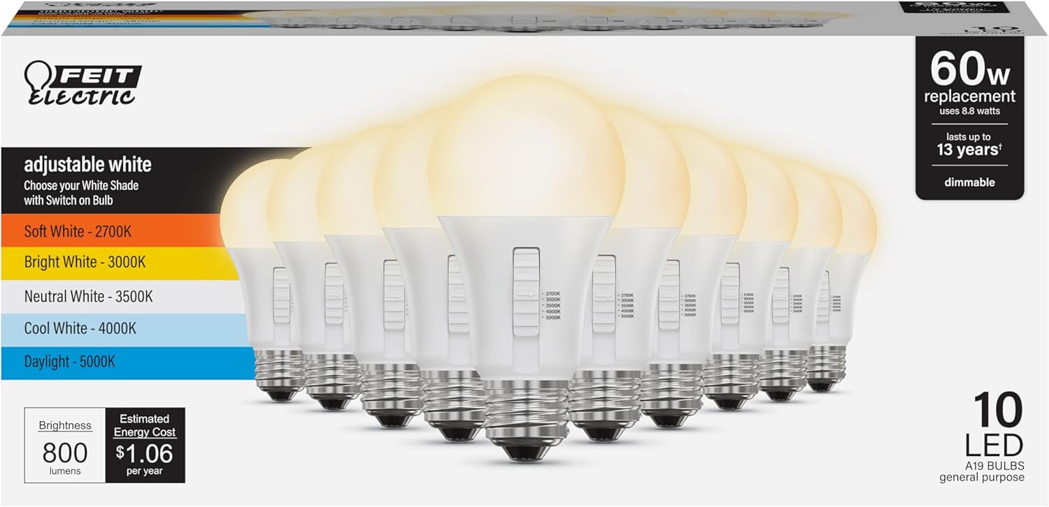 Feit Electric A19 LED Light Bulb, 60W Replacement, Dimmable, Selectable Color Temperatures (2700K-5000K), 800 Lumens, General Purpose Light Bulbs, 15,000-Hour Lifetime, OM60DM/5CCTCA/LED/ 10 Pack 71pg98foqul. ac sl1500 .jpg
