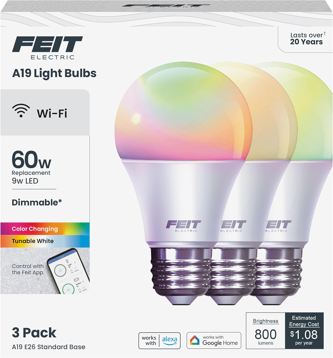 Feit Electric Smart Light Bulbs with RGBW Color Changing and Tunable White, 60W Replacement, Dimmable, Wi-fi Enabled, No Hub Needed, Works with Alexa and Google, OM60/RGBW/CA/AG/3, 3 Pack 71yft45soql. ac sl1500 .jpg
