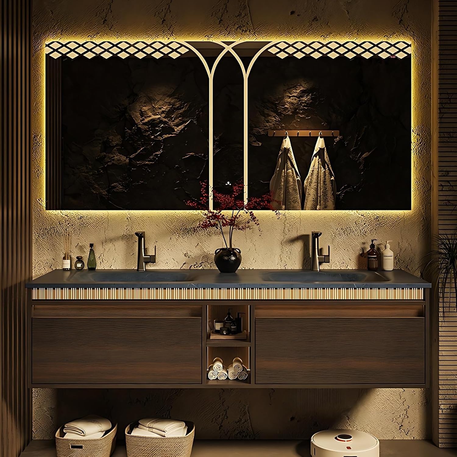 Modern Bathroom Vanity - with Sink and Anti-Fog Mirror | Integrated Stone Basin | Walnut Finish Vanity Cabinet | Large-Capacity Drawers | Open Shelves | Motion Sensor Light(Dark Color,52 in) 81cdvnlpnql. ac sl1500 .jpg