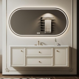 Modern Bathroom Vanity – with Sink and Anti-Fog Mirror | Matte Moisture-Resistant Cabinet | Seamless Sintered Stone Sink | Soft Close Drawers | Multi-Layer Solid Wood(White,40 in)