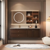 Modern Bathroom Vanity – with Sink and Anti-Fog Mirror | Glass Side Storage Cabinet | Rock Slab Ceramic Basin | Soft Close Drawers | Gold Handles | Deep Walnut Finish(Brown,40 in)