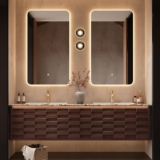 Modern Luxury Bathroom Vanity – with Sink and Anti-Fog Mirror | Deep Walnut Layered Texture Cabinet | Seamless Ceramic Basin | Soft Close Drawers | Multi-Layer Solid Wood(Double Sink-A,52 in)