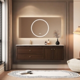 Modern Bathroom Vanity – with Sink and Anti-Fog Mirror | Glass Side Storage Cabinet | Rock Slab Ceramic Basin | Soft Close Drawers | Gold Handles | Deep Walnut Finish(Smart Mirror,40 in)