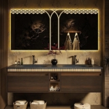 Modern Bathroom Vanity – with Sink and Anti-Fog Mirror | Integrated Stone Basin | Walnut Finish Vanity Cabinet | Large-Capacity Drawers | Open Shelves | Motion Sensor Light(Dark Color,52 in)