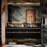 Modern Bathroom Vanity – with Sink and Anti-Fog Mirror | Black Textured Cabinet | with Gold Trim | Seamless Ceramic Basin | Soft-Close Drawers Hardware(Mirror Cabinet,52 in)